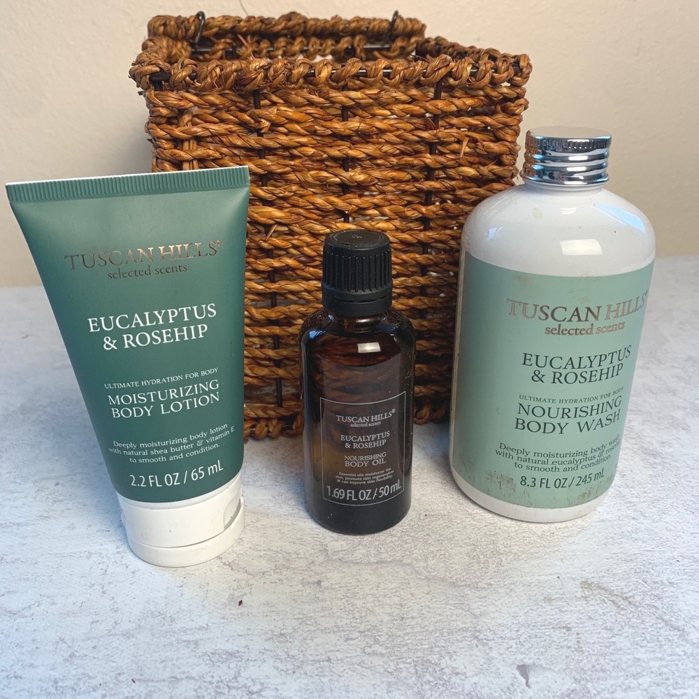 Tuscan Hills 3pc Eucalyptus & Rosehip Body Wash Lotion Oil Set NEW in Wicker Box